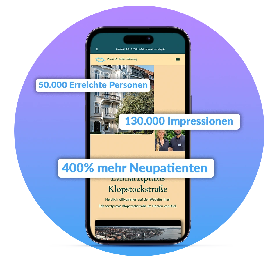 iPhone mit Webdesign-Rezension und Daten zur erfolgreichen Google-Ads Kampagne – Zahnarztpraxis Sabine Mensing