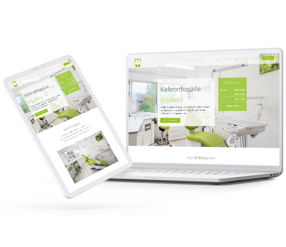 Laptop neben Tablet mit Webdesign-Rezension – Zahnarztpraxis Eisenbeiß & Schiffer