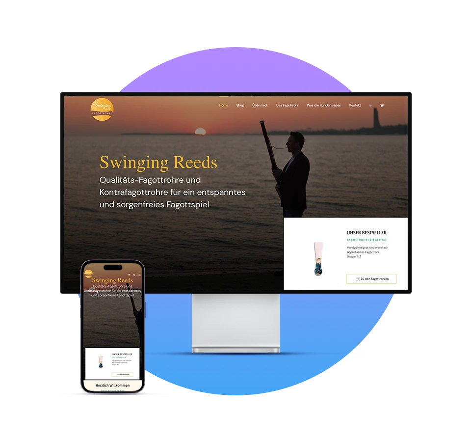 Desktop neben iPhone mit Webdesign-Rezension – Swinging Reeds Fagottrohre