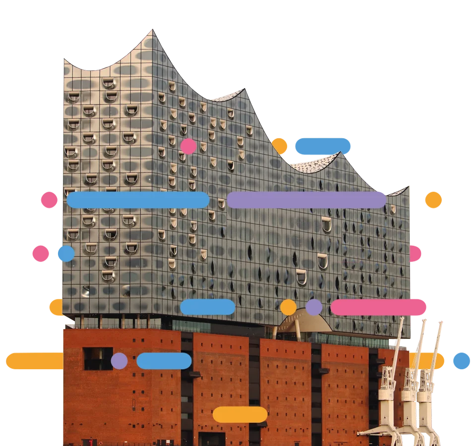 Thema: Webdesign Hamburg – Elbphilharmonie Hamburg ausgeschnitten hinter bunten Streifen